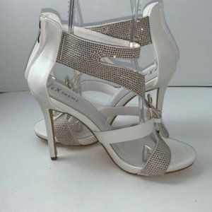 NEW Ladies White Faux Leather Open Toe Buckle Rhinestone Heel Shoes Szs 13 & 15